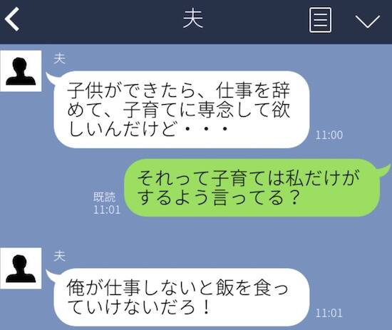 子供ができたら妻に仕事を辞めることを強要する夫のline